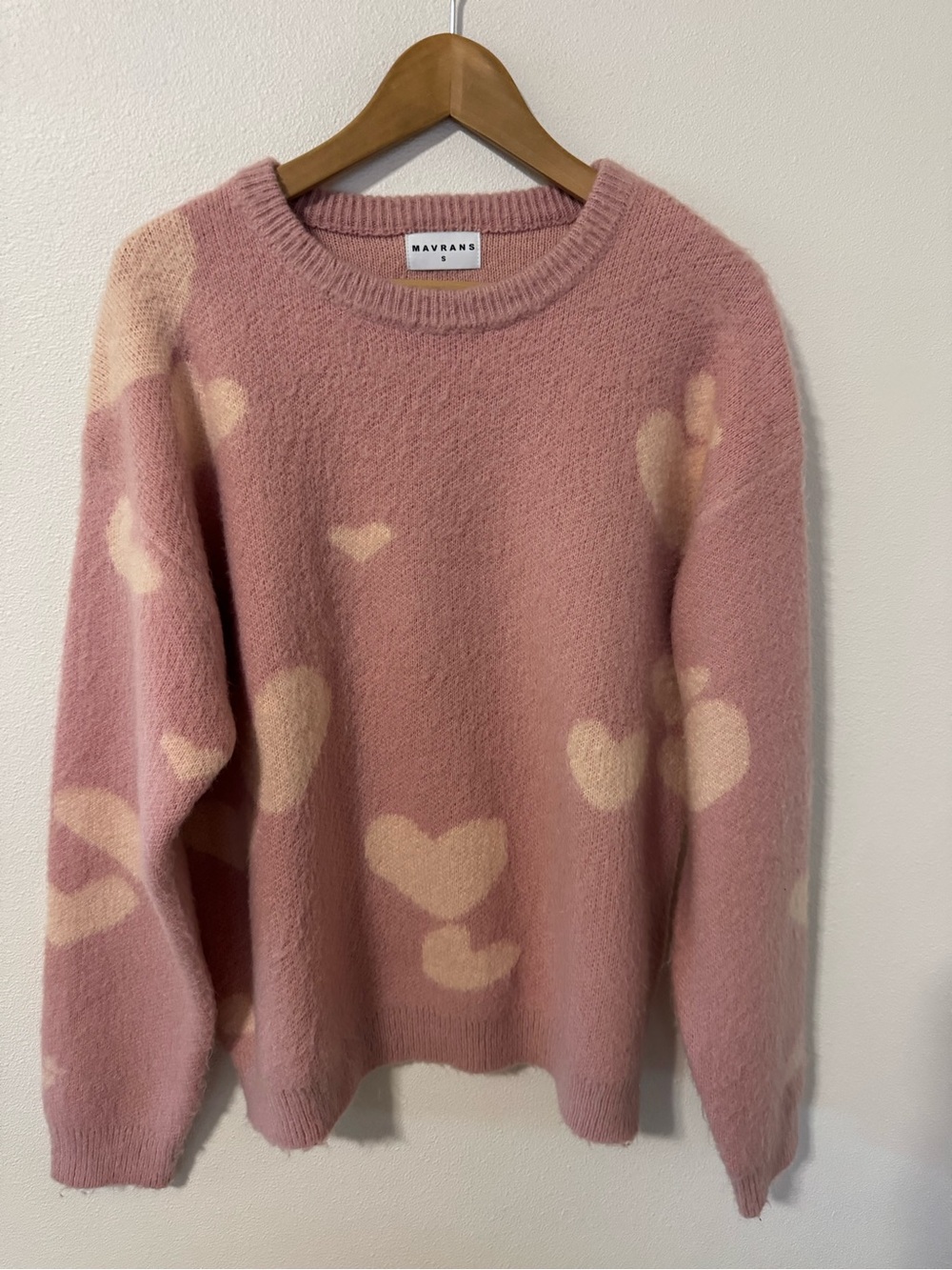 MAVRANS Hearts Crewneck Sweater Pink Oversized Chunky Mohair Wool Knit-Small